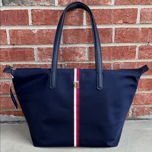 TOMMY HILFIGER Dark Navy Polished Nylon Textured Medium Tote